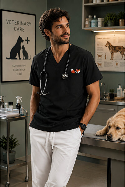 mirach Tilia Premium Scrubs Uniformă clinică de lux cu broderie Cute Fox, des...