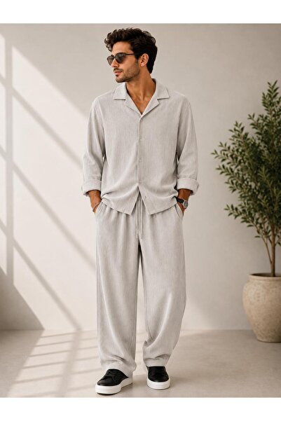 WENMİNG Bürümcük Crinkle Fabric Summer Lycra Men's Shirt and Pants Set