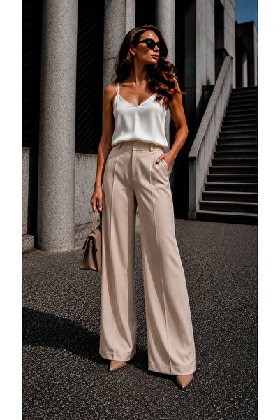 Aska Butik Krem Yüksek Bel Pantolon