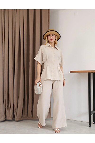Moda Banuş Pera Linen Waist Pleated Detail Shirt Pants