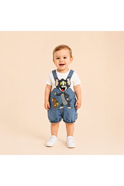 BEBEXO KIDS Unisex Bebek Kot Salopet Takımı Tom & Jerry Nakışlı Tişörtlü 2'li...