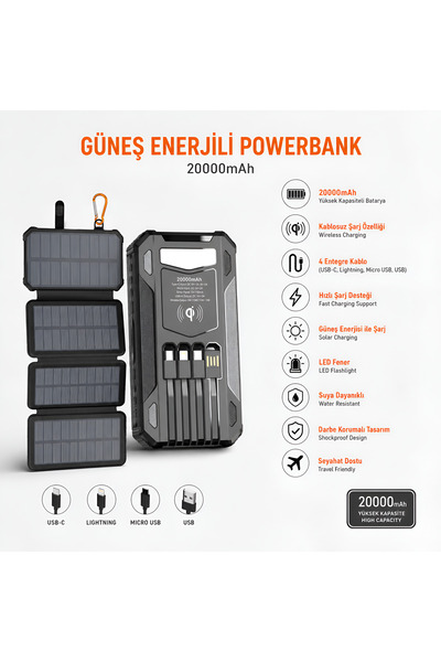 Dexmon Güneş Enerjili Powerbank 20000mAh Katlanabilir Solar Hızlı Şarj Cihazı...