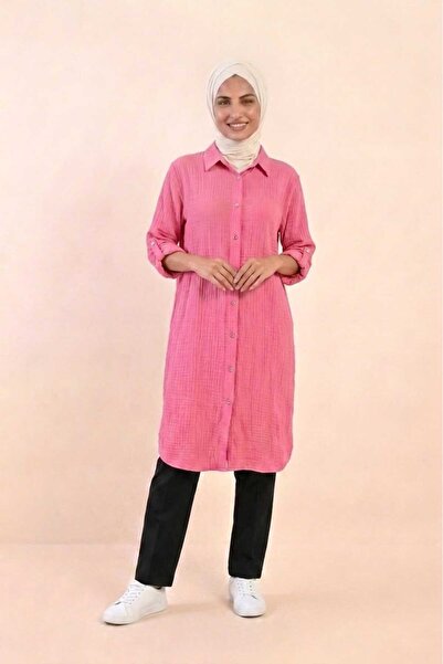 PORİENTO Pink Women's 100% Cotton Muslin Fabric Long Sleeve Hijab Shirt Dress...