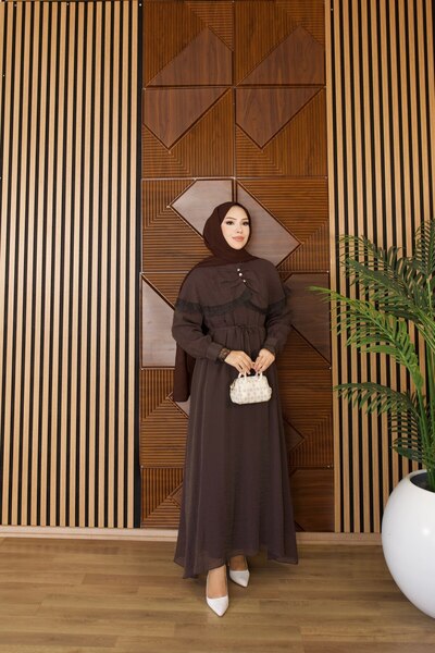 MVK MAVEKA COLLECTİON Lace Detailed Cape Lined Modal Tulle Dress