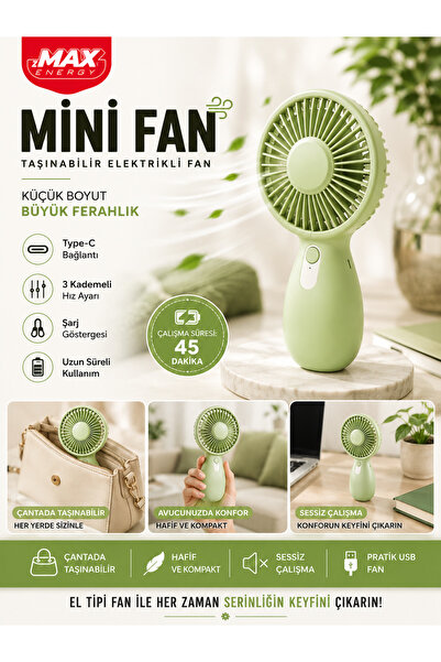 SHARI MAX Energy Mini Fan Taşınabilir El Tipi USB Şarjlı Vantilatör 3 Kademel...