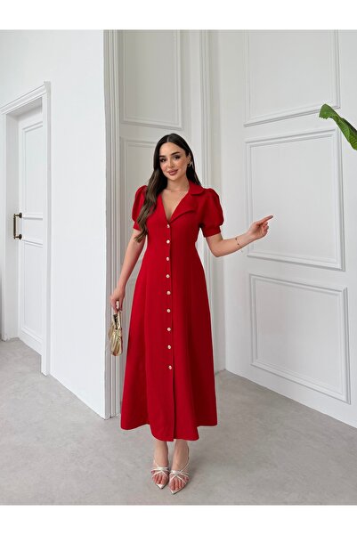 Füme V-Neck Buttoned Belted Dabıl Dress