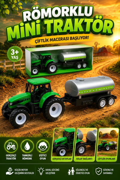 Tamsena Store Römorklu Mini Traktör Oyuncak Su Tankerli Çiftlik Aracı Eğitici...