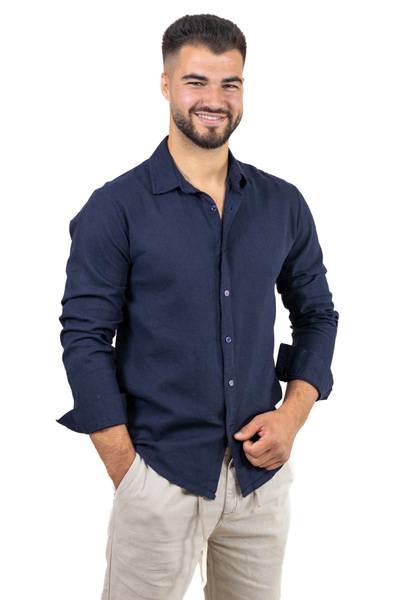 MAXWEAR Cămașă bleumarin din in 100% cu guler normal