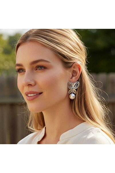 HOBİSY GIFT SHOP Pearl Museum of Innocence Butterfly Dangle Steel Earrings No...