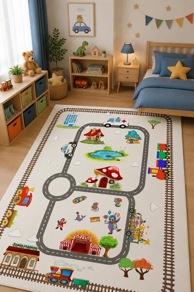 NORELLAHOME NORELLA HOME Tren Yolu Desenli Çocuk Halısı Kaymaz Taban Yıkanabi...