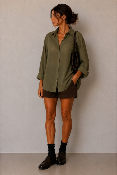 kikiriktekstil 10798 Women's Oversize Buttoned Chiffon Transparent Shirt