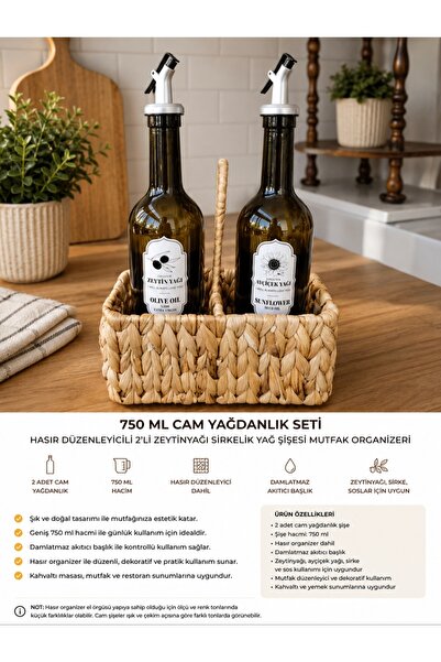 WoodBay 2’li 750 Ml Cam Yağdanlık Seti Hasır Sepetli Zeytinyağı Sirkelik Sosl...