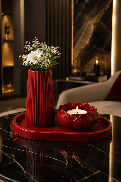 StoneVia Kırmızı Modern 3’lü Dekoratif Vazo - Mumluk Seti