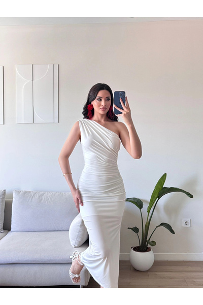 Zoom Butik Omuz Detay Drapeli Elbise - BEYAZ