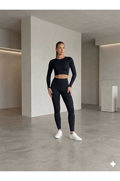 Yüksek Bel Slim Fit Siyah Likralı Spor Tayt
