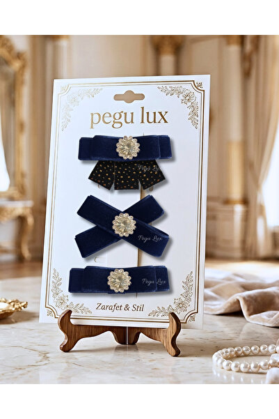 pegu baby collection Set de 3 agrafe de păr din catifea bleumarin, cu panglic...