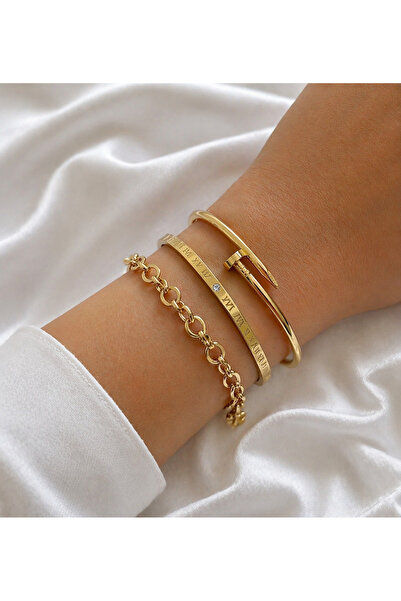 StainlessStore Gold Renk 3’lü Paslanmaz Çelik Bileklik Seti – Zincir ve Kelep...