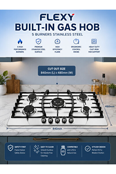 flexy 5-Burner Stainless Steel Built-In Gas Hob | High-Performance Cooking