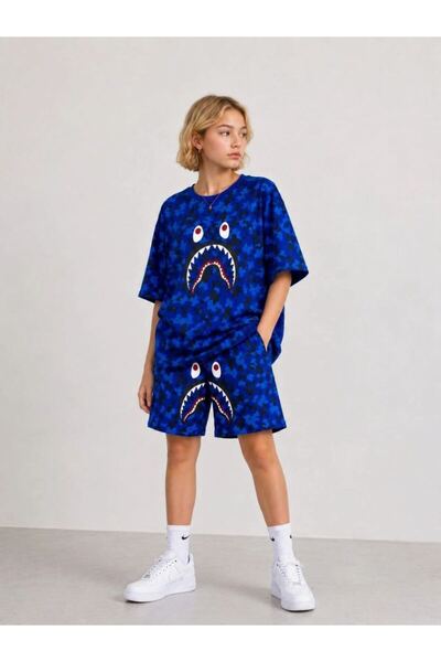 Generic Brand Boy's Oversize Pubg Bape X Shark Embroidered Pocket Shorts Set ...