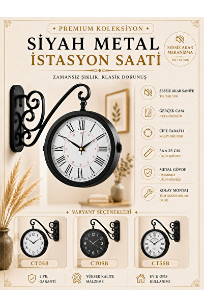 KOLAYEV Siyah Metal Çift Taraflı İstasyon Saati 36x25 Cm Sessiz Mekanizma Duv...