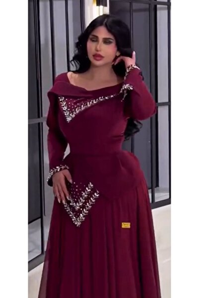 NALA FASHION Luxury Deep Burgundy Evening Gown, Silver Embroidery