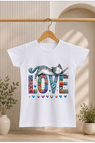 ModaXen Children's T-Shirt with Love Cat Printed Text, 100% Cotton Short Slee...
