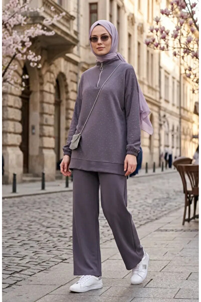 sefamerve Oysho Fabric Stone Zippered Tunic Pants Double Set 0282-04 Gray