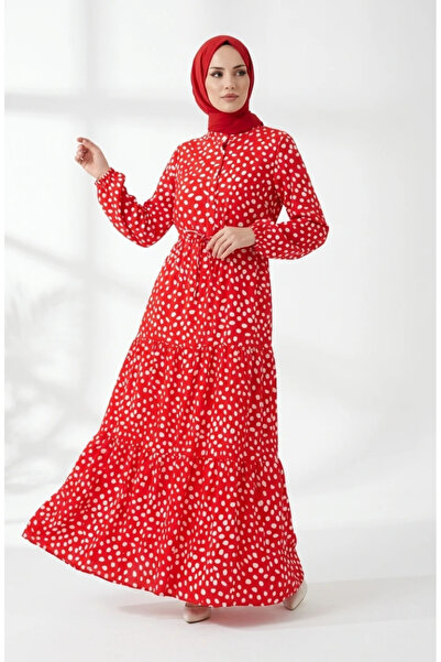 sefamerve Beli Lace-Up Polka Dot Layered Dress 0284-03 Red