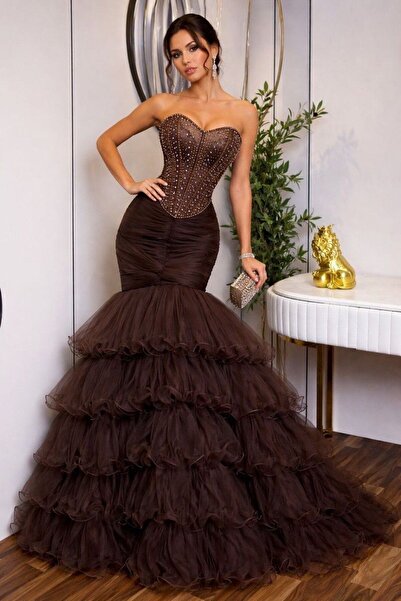 maria fashion Luxury Brown Evening Dress