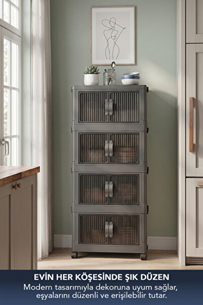 Lavine ”MEDIUM” 4 Katlı Portatif Dolap Organizer 30LT Çok Amaçlı Mıknatıs Kapaklı, Katlanır, Tekerlekli