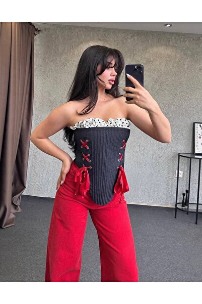 TOKARİS TEKSTİL Kadın Straplez Kurdele Detaylı Büstiyer Crop top