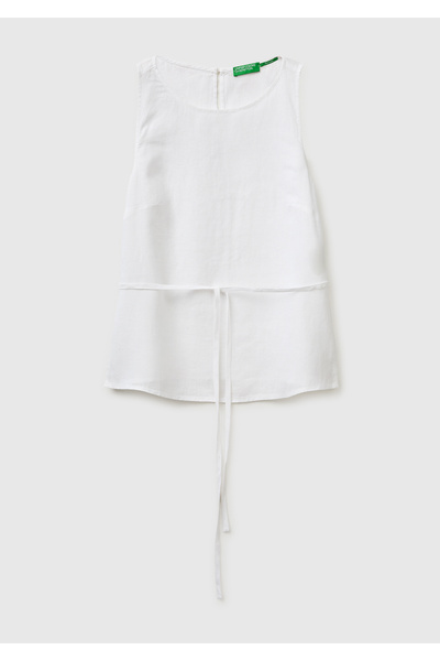 United Colors of Benetton Women's white 100% linen tie back button sleeveless...