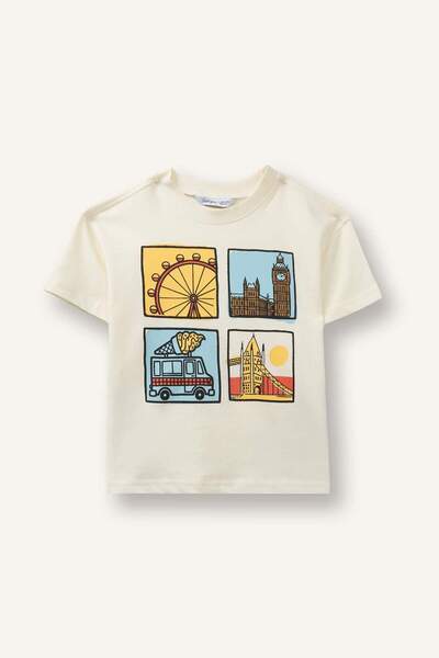 DeFacto Tricou ecru cu mânecă scurtă, cu imprimeu, croială normală, pentru bă...