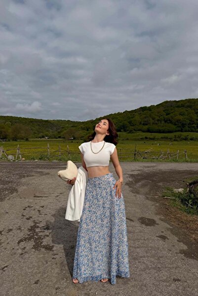 mylove Back Waist Elastic Crispy Floral Skirt Blue