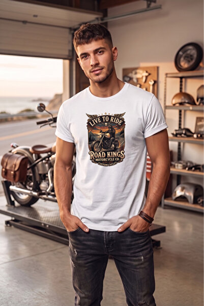 WİDİ Tricou unisex Vintage Road Kings cu imprimeu pentru motociclete, cu desi...
