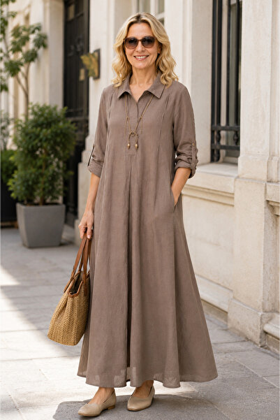 Lissmore Linen Modal Blend Folded Sleeve Dress with Side Pockets and Inside W...