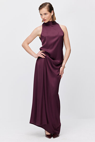 PAULMARK Women's Satin High Neck Maxi Evening Dress