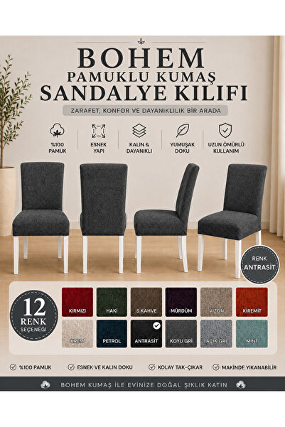 İLYEVTEKSTİLİ Bohem Pamuklu Esnek Standart Sandalye Kılıfı, Yıkanabilir, Doku...