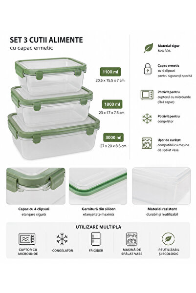 OEM Set of 3 Food Containers with Airtight Lids, 1100ml + 1800ml + 3000ml, Mi...