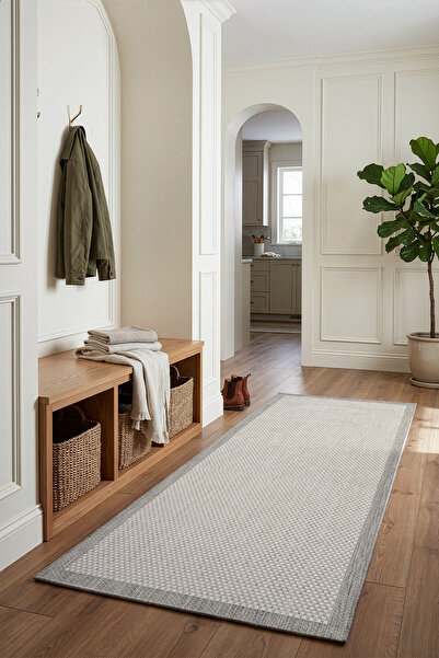 Koza Halı Fresco Antrasit Ekru Yıkanabilir Modern Antre Halı Kilim Yolluk 23745Y
