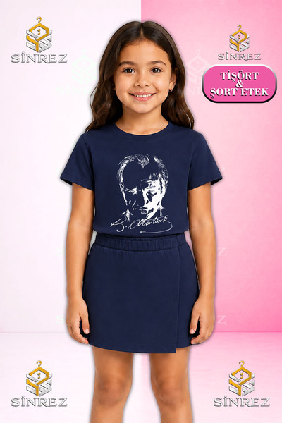 SİNREZ Girl's Set Ataturk Signature White Printed Short Sleeve T-Shirt Shorts...
