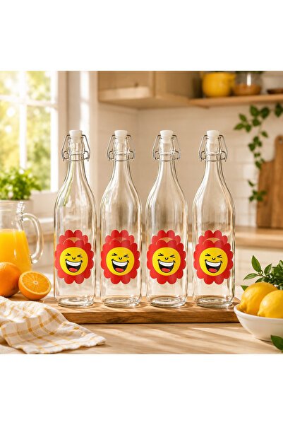 Dania Set of 4 Glass Bottles with Airtight Lids – Fun Smile Design 🌼 😊   Mu...