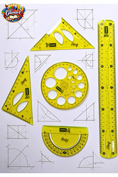 Glanart (CETVEL, GÖNYE, AÇI ÖLÇER VE DAİRE ŞABLONU SETİ ) 30 cm esnek kırılma...