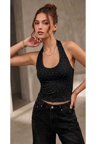 Butik Boyundan Askılı Taşlı Crop Body