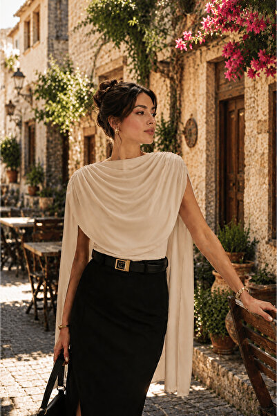 legends butik Kadın Drapeli Pelerin Kol Çıtçıtlı Body Bluz – Şık ve Modern Ta...