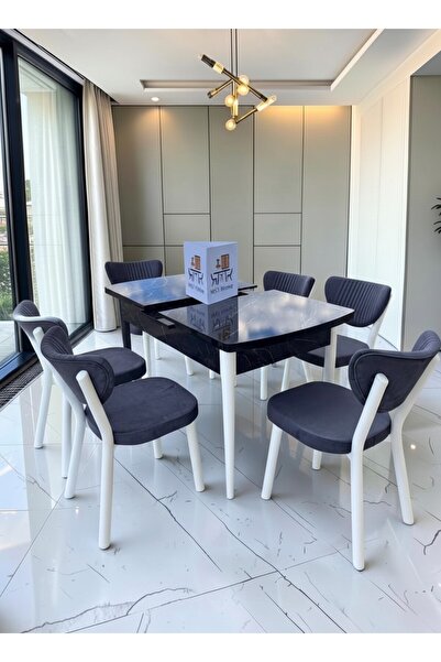 MSY HOME Alva 6 Kişilik Yemek Masası Takımı Baby Face Kumaş Siyah Mermer 80x1...