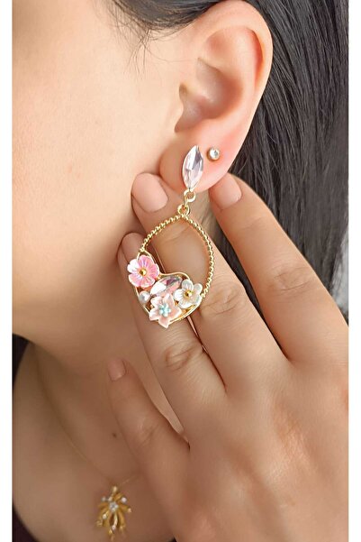 shop Pink Flower Detailed Gold Color Dangle Earrings – Elegant Women's Earrin...