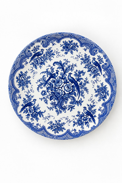 grandora Navy Blue and White Patterned (6 Pieces, 27 cm) Serving Plate Set, Vintage Floral Bird Motif Cake and Breakfast Plate