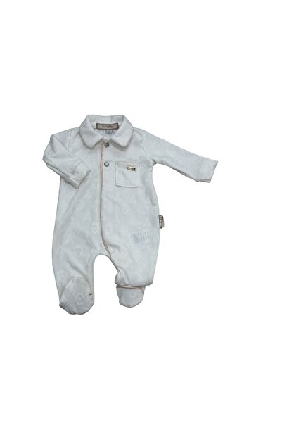 Baby day أوفرول مواليد راقٍ بنقشة بارزة وياقة كلاسيكية - أبيض* ذهبي