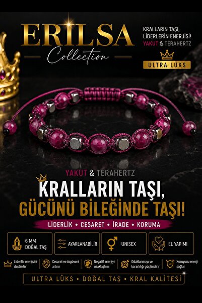 Erilsa Sertifikalı Yakut Terahertz Doğal Taş Bileklik 6 MM Ayarlanabilir Unis...